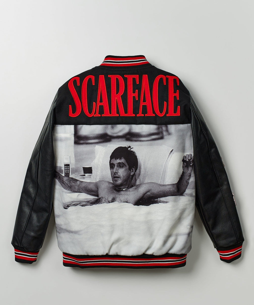 Scarface Vegan Leather Chenille Patched Varsity Jacket