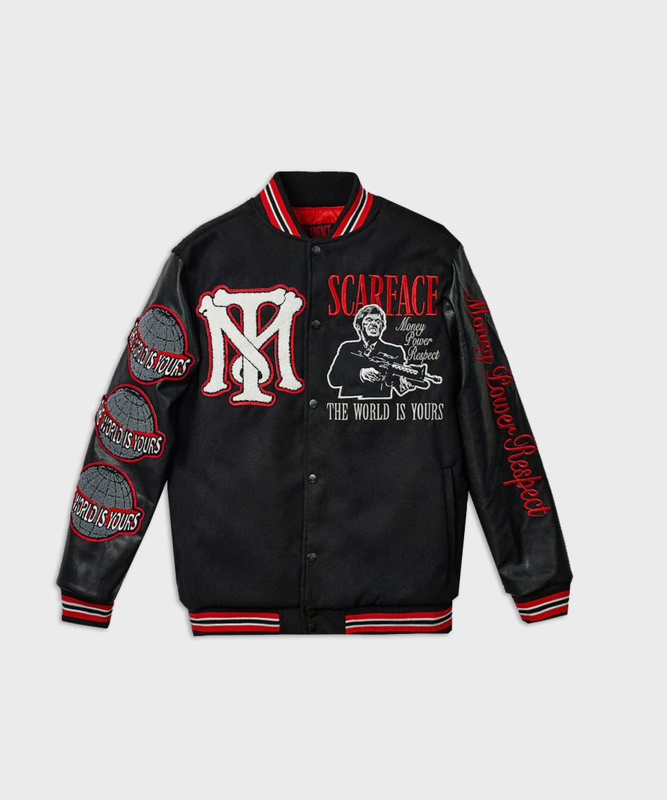 Scarface Vegan Leather Chenille Patched Varsity Jacket